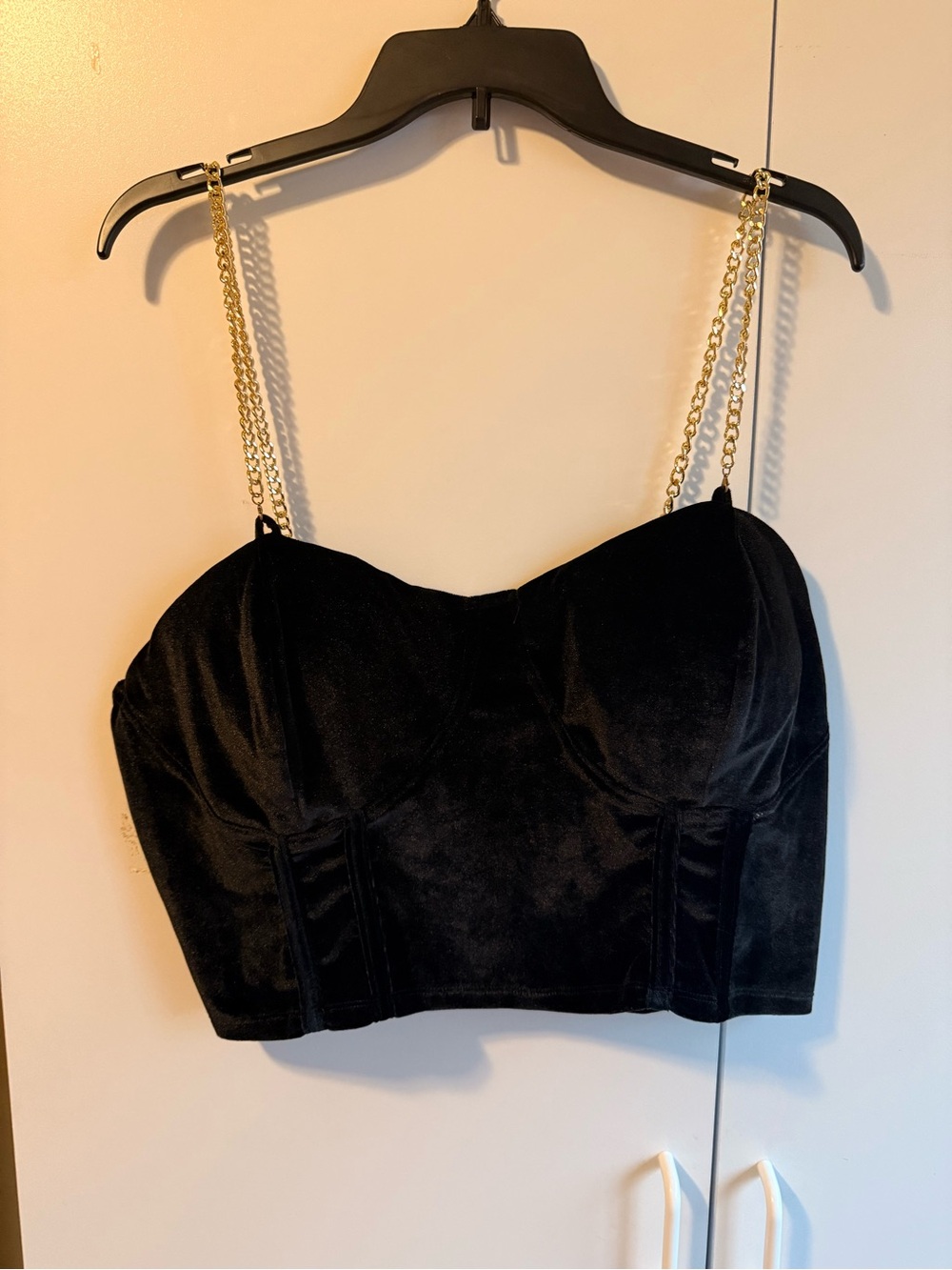 SHEIN Black Velvet Bustier Crop Top with Gold Chain Straps